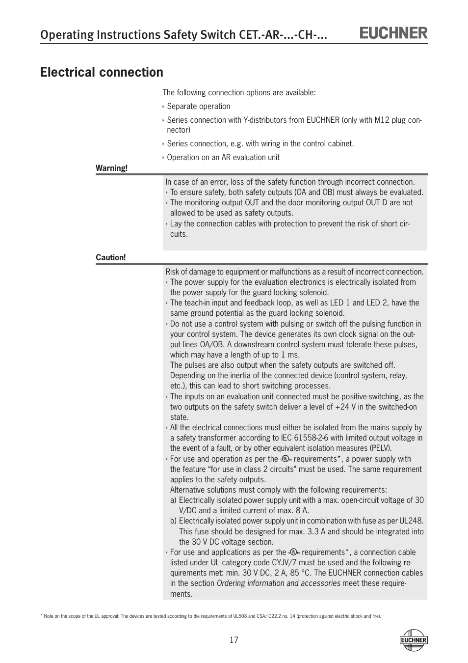 Electrical connection | EUCHNER CETx-AR-xxx-CH-xxx (Multicode) User Manual | Page 17 / 50