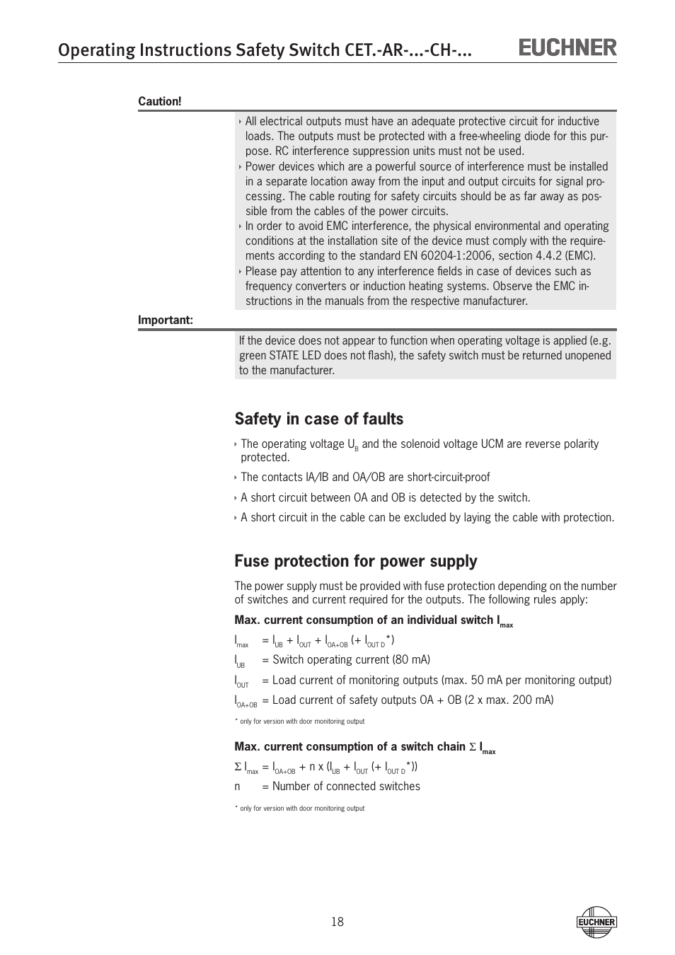 Safety in case of faults, Fuse protection for power supply | EUCHNER CETx-AR-xxx-CH-xxx (Multicode) User Manual | Page 18 / 50