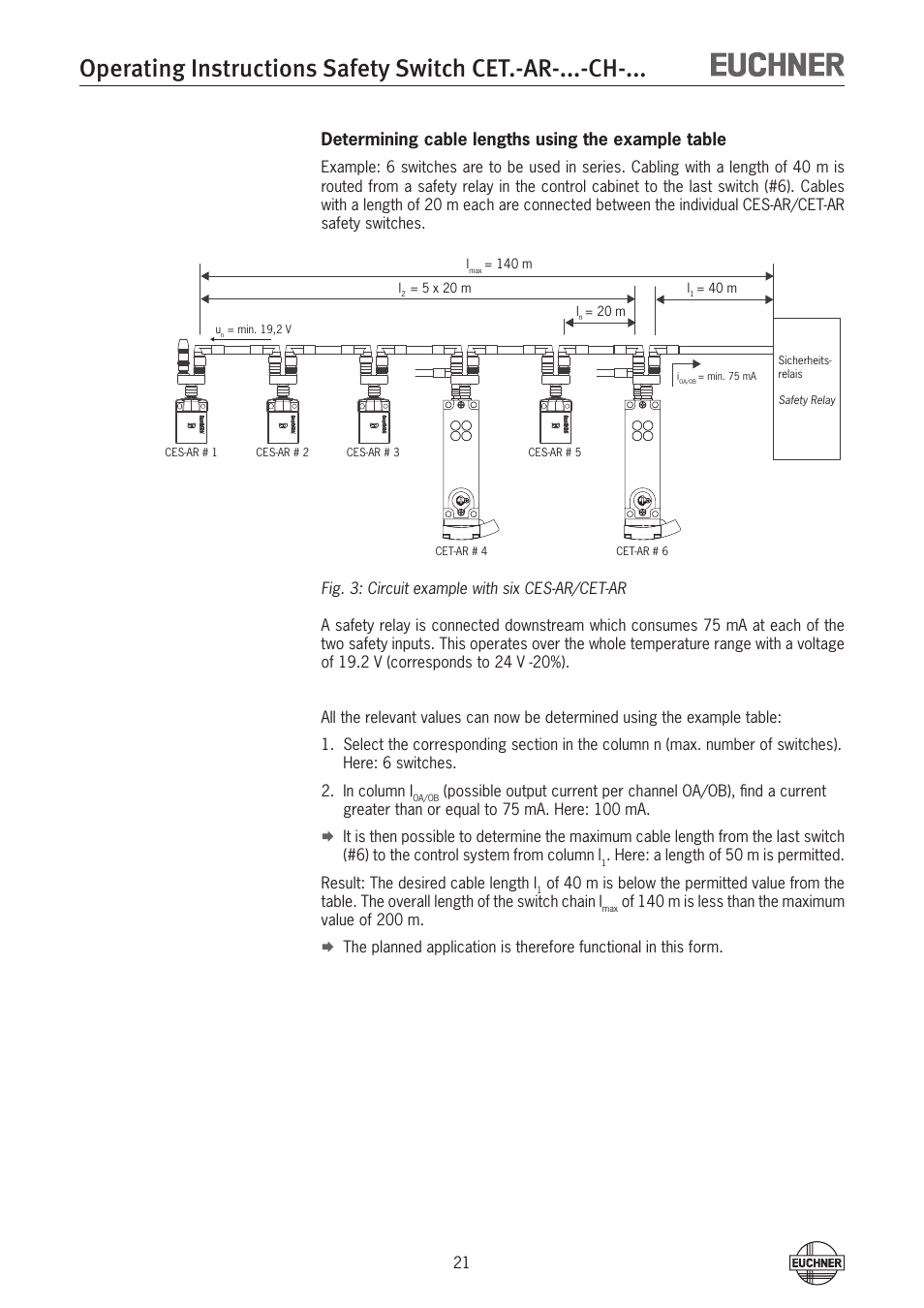Determining cable lengths using the example table | EUCHNER CETx-AR-xxx-CH-xxx (Multicode) User Manual | Page 21 / 50