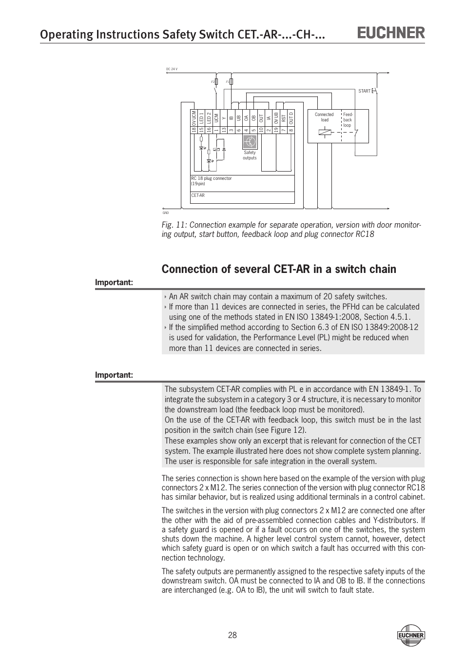 Connection of several cet-ar in a switch chain, Important | EUCHNER CETx-AR-xxx-CH-xxx (Multicode) User Manual | Page 28 / 50