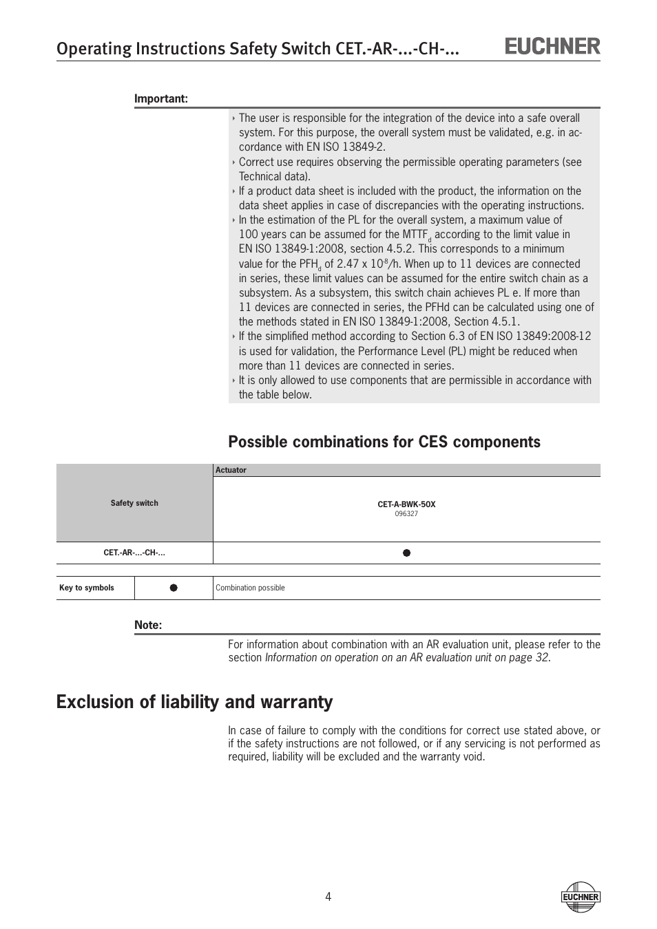 Exclusion of liability and warranty, Possible combinations for ces components | EUCHNER CETx-AR-xxx-CH-xxx (Multicode) User Manual | Page 4 / 50