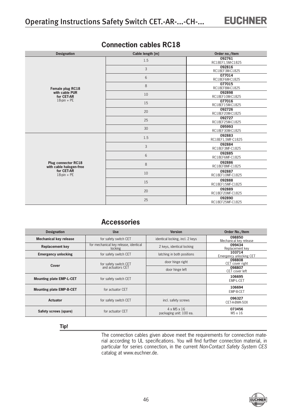 Connection cables rc18 accessories | EUCHNER CETx-AR-xxx-CH-xxx (Multicode) User Manual | Page 46 / 50