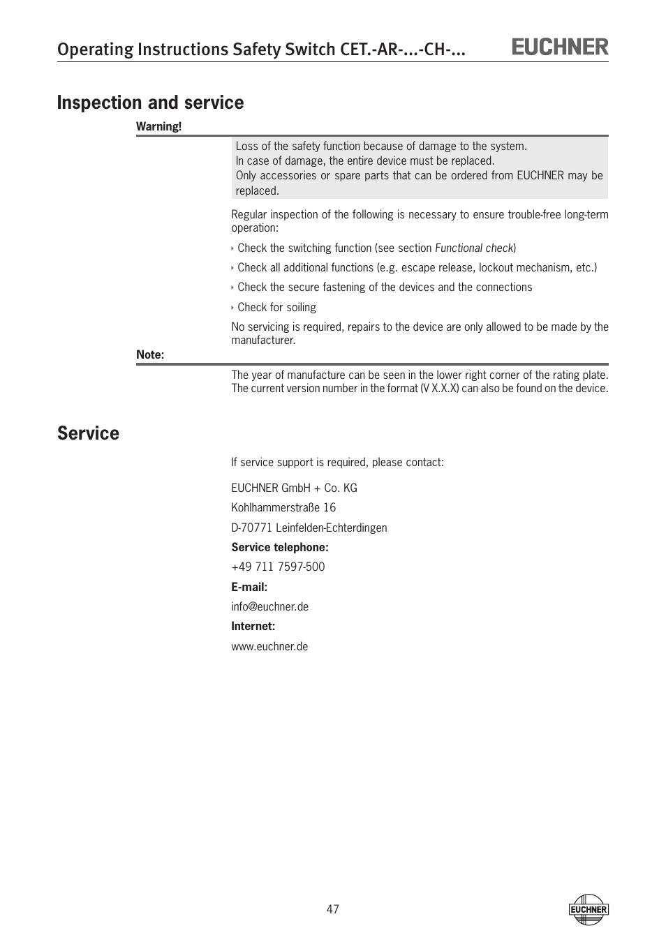 Inspection and service, Service | EUCHNER CETx-AR-xxx-CH-xxx (Multicode) User Manual | Page 47 / 50