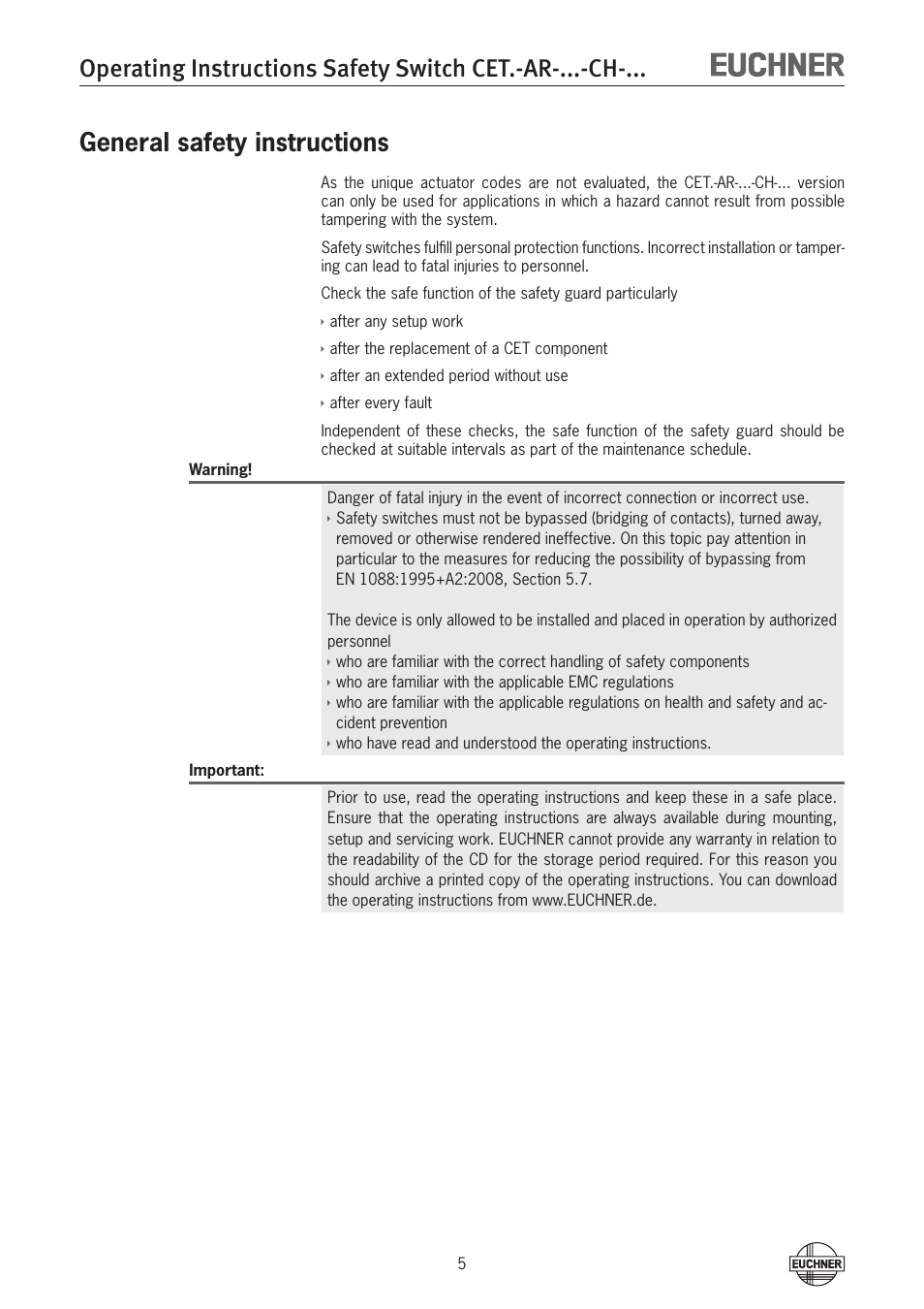 General safety instructions | EUCHNER CETx-AR-xxx-CH-xxx (Multicode) User Manual | Page 5 / 50