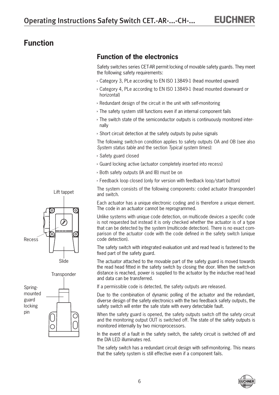 Function, Function of the electronics | EUCHNER CETx-AR-xxx-CH-xxx (Multicode) User Manual | Page 6 / 50