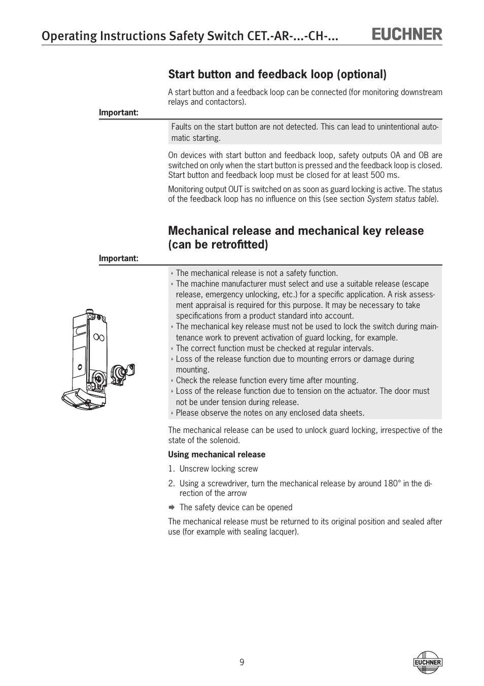 Start button and feedback loop (optional) | EUCHNER CETx-AR-xxx-CH-xxx (Multicode) User Manual | Page 9 / 50