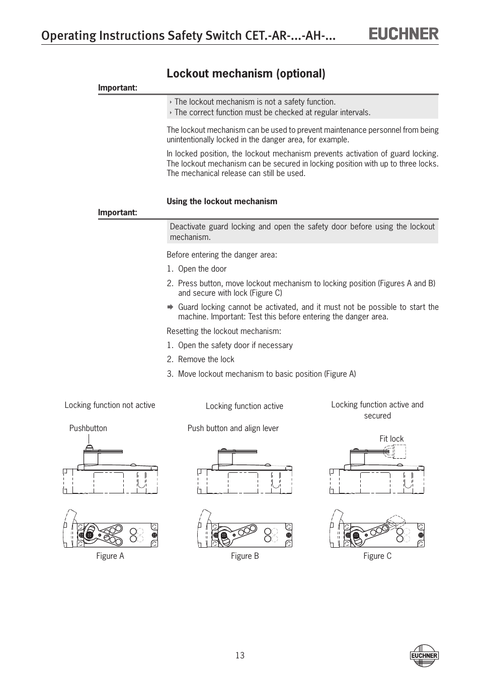 Lockout mechanism (optional) | EUCHNER CETx-AR-xxx-AH-xxx (Unicode) User Manual | Page 13 / 52