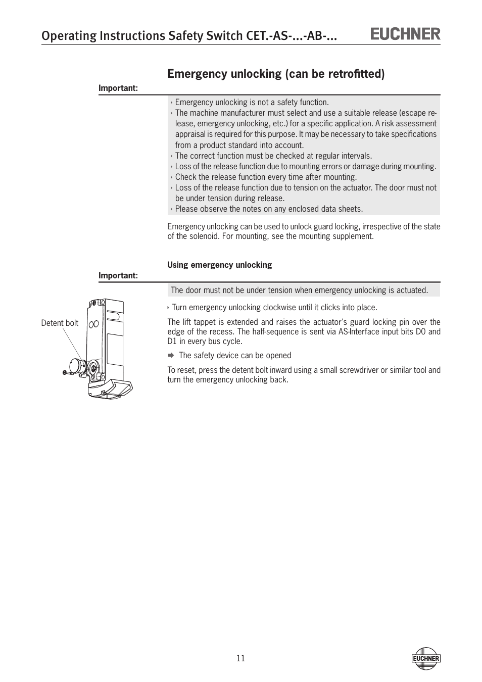 Emergency unlocking (can be retrofitted) | EUCHNER CETx-AS-xxx-AB-xxx (Unicode) User Manual | Page 11 / 32
