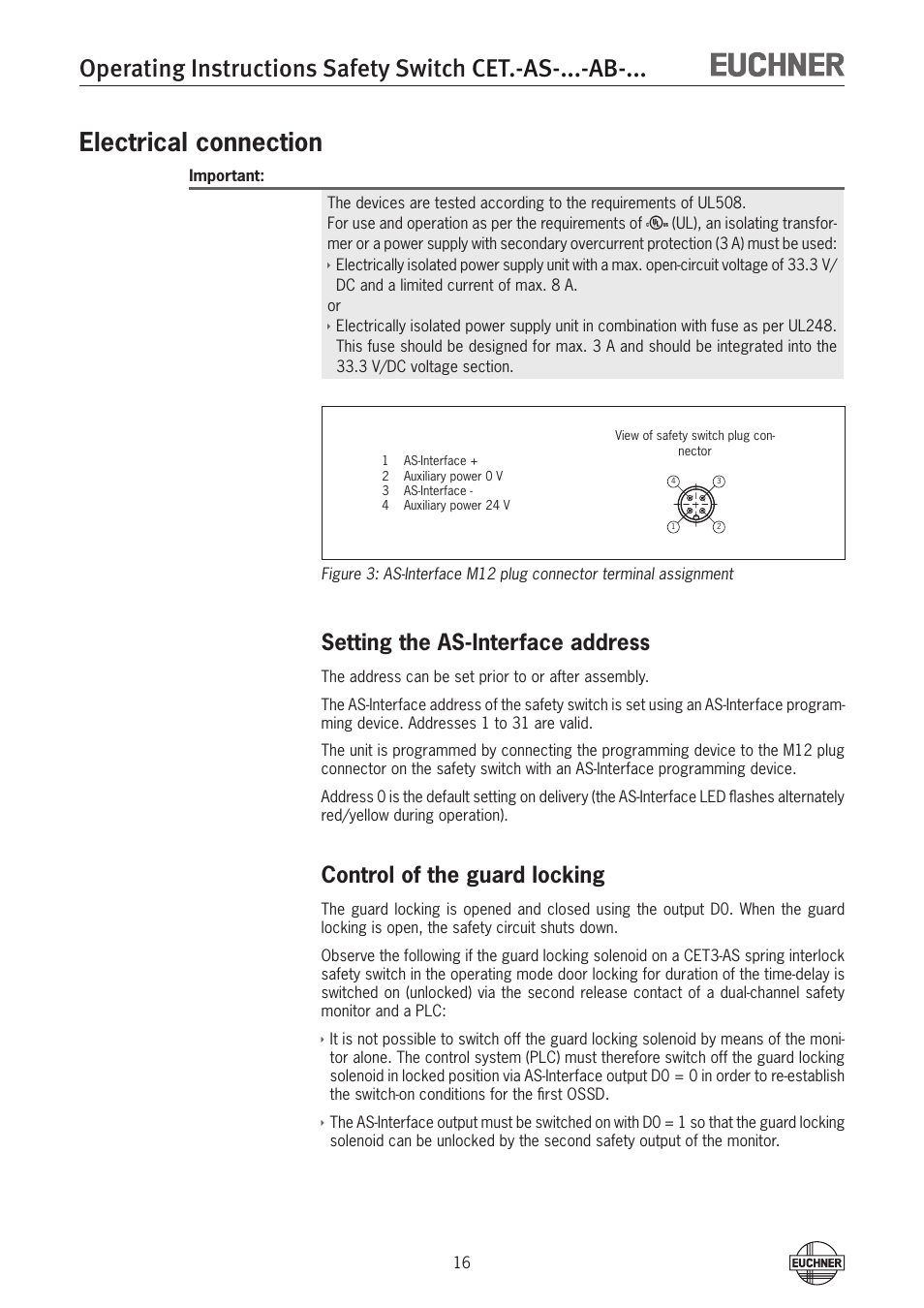 Electrical connection, Setting the as-interface address, Control of the guard locking | EUCHNER CETx-AS-xxx-AB-xxx (Unicode) User Manual | Page 16 / 32