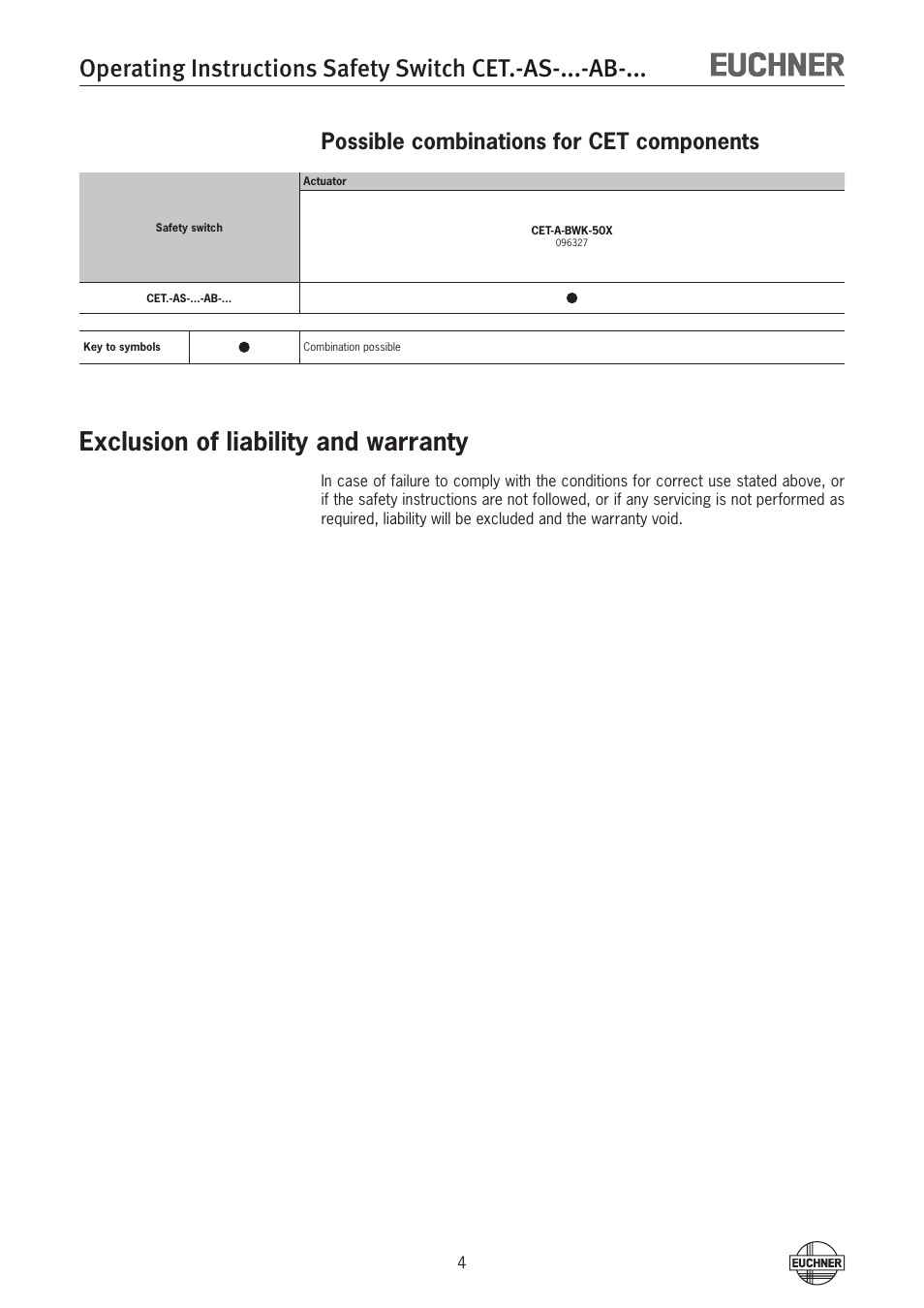 Possible combinations for cet components, Exclusion of liability and warranty | EUCHNER CETx-AS-xxx-AB-xxx (Unicode) User Manual | Page 4 / 32