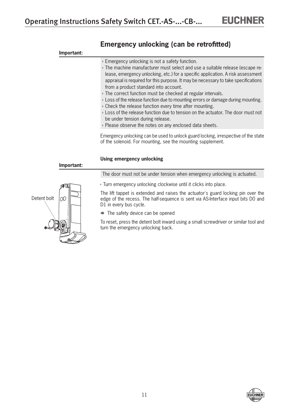 Emergency unlocking (can be retrofitted) | EUCHNER CETx-AS-xxx-CB-xxx (Multicode) User Manual | Page 11 / 30