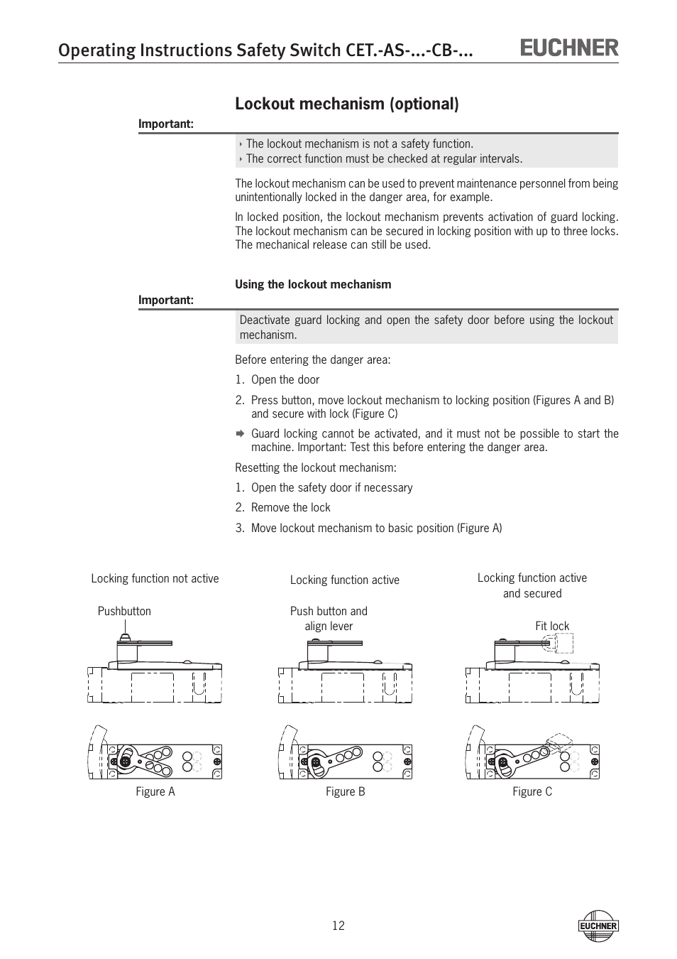 Lockout mechanism (optional) | EUCHNER CETx-AS-xxx-CB-xxx (Multicode) User Manual | Page 12 / 30