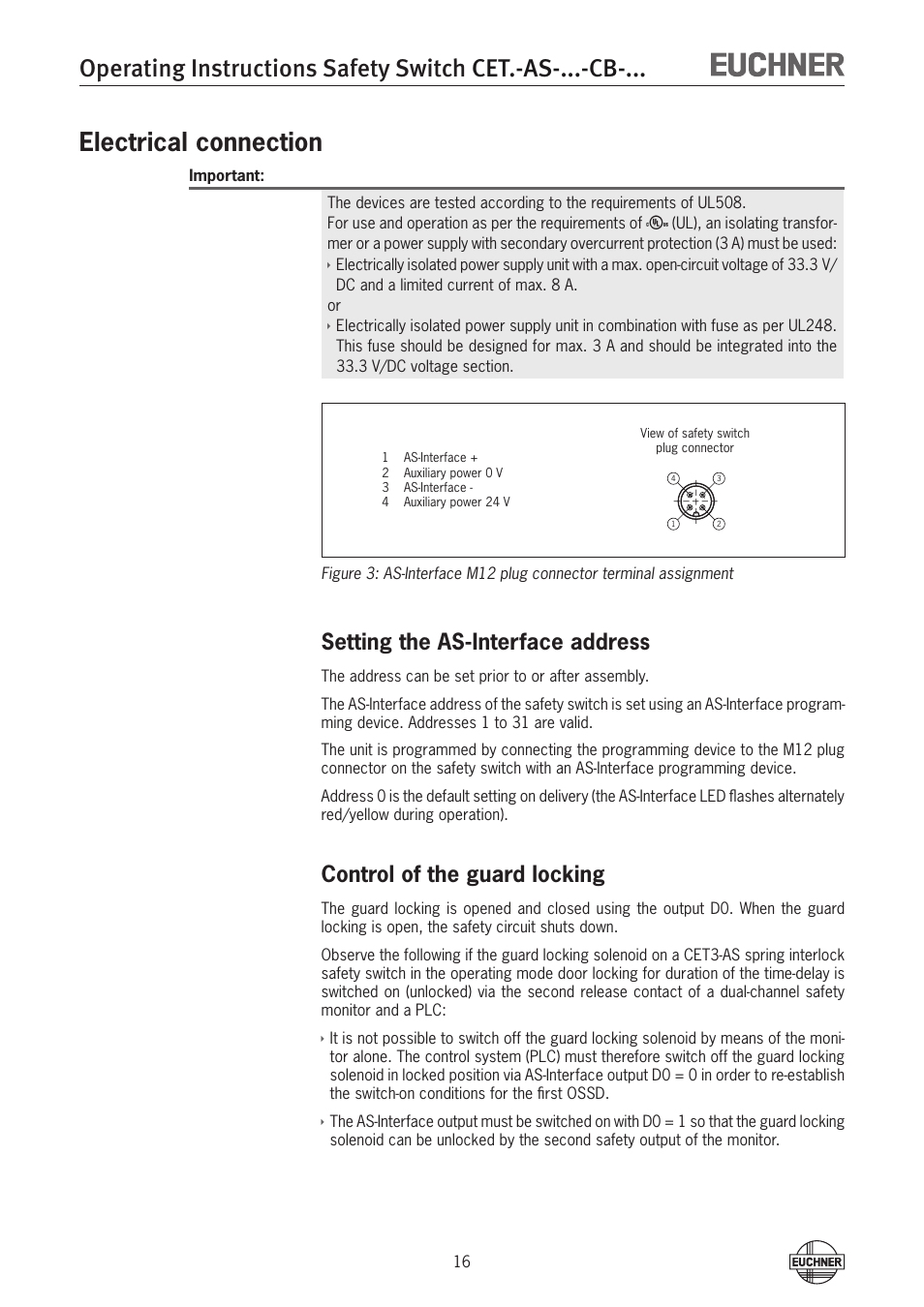 Electrical connection, Setting the as-interface address, Control of the guard locking | EUCHNER CETx-AS-xxx-CB-xxx (Multicode) User Manual | Page 16 / 30
