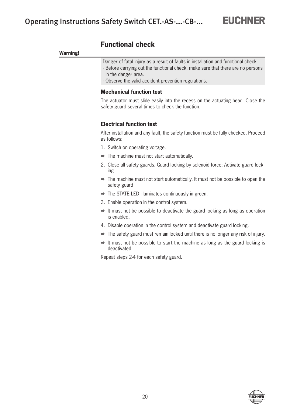 Functional check | EUCHNER CETx-AS-xxx-CB-xxx (Multicode) User Manual | Page 20 / 30