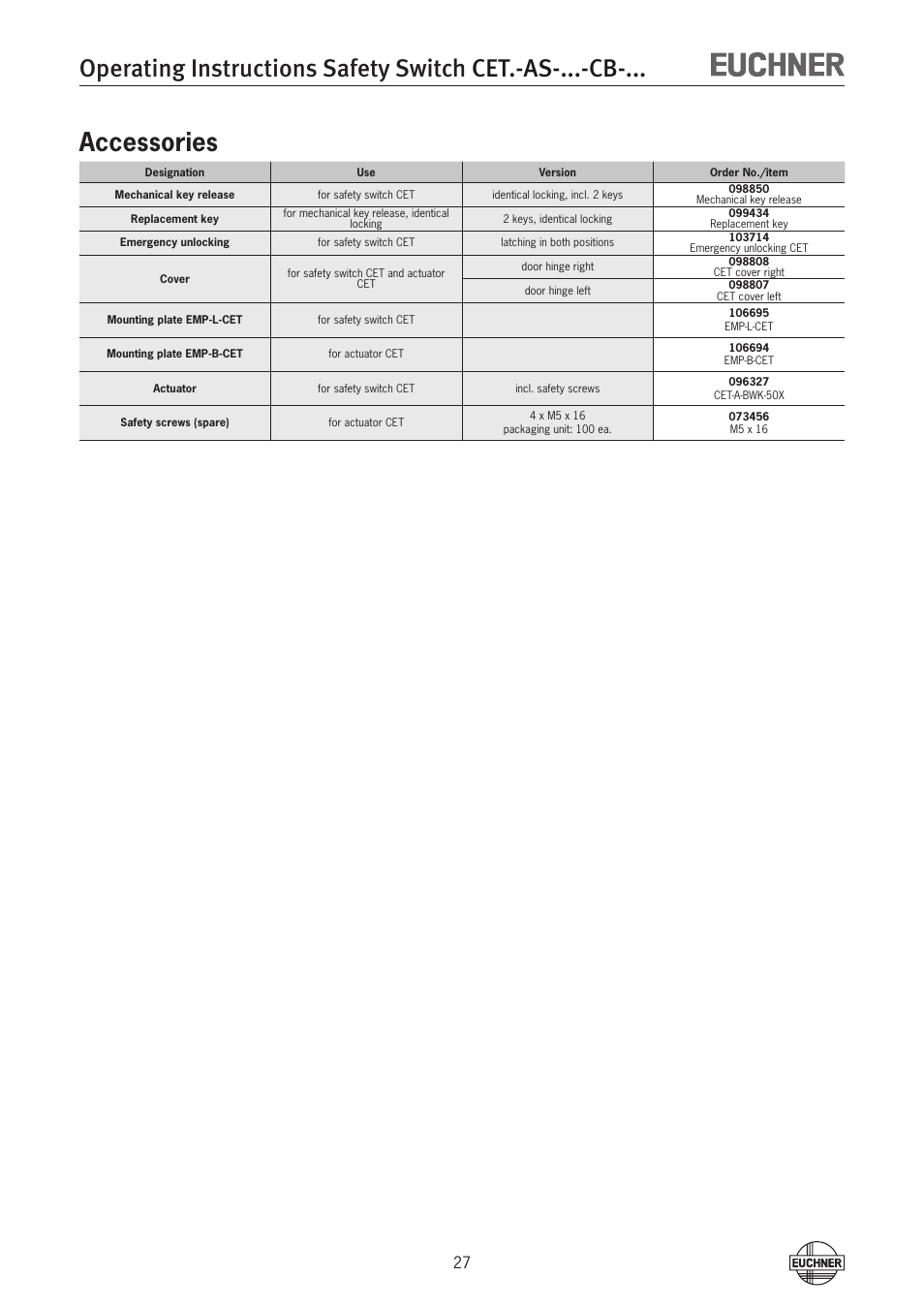 Accessories, Accessories 27 | EUCHNER CETx-AS-xxx-CB-xxx (Multicode) User Manual | Page 27 / 30