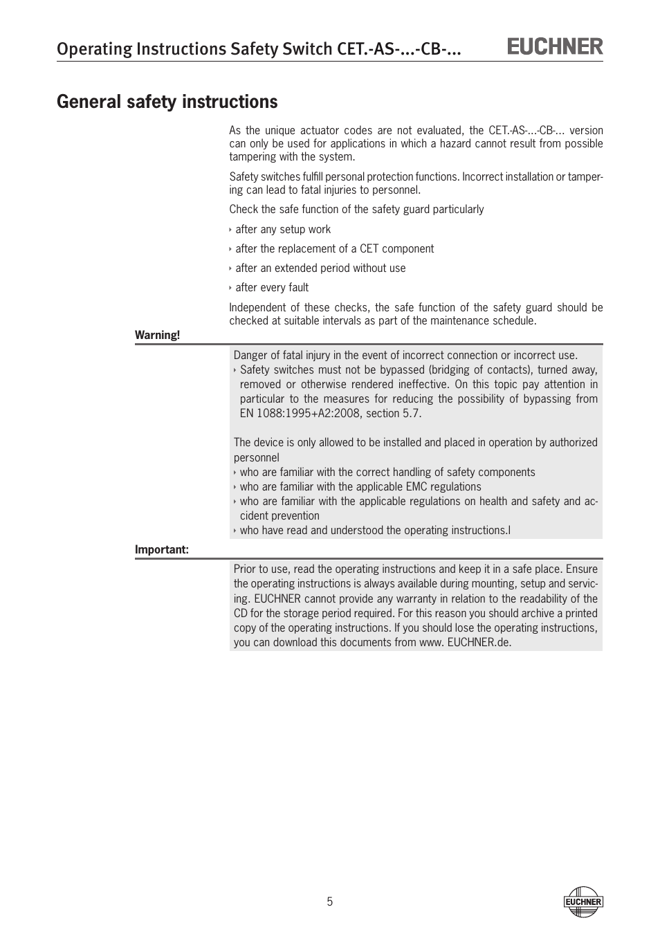 General safety instructions | EUCHNER CETx-AS-xxx-CB-xxx (Multicode) User Manual | Page 5 / 30