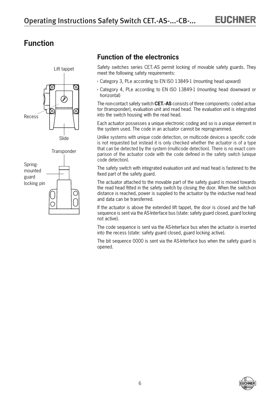 Function, Function of the electronics, Function 6 function of the electronics | EUCHNER CETx-AS-xxx-CB-xxx (Multicode) User Manual | Page 6 / 30