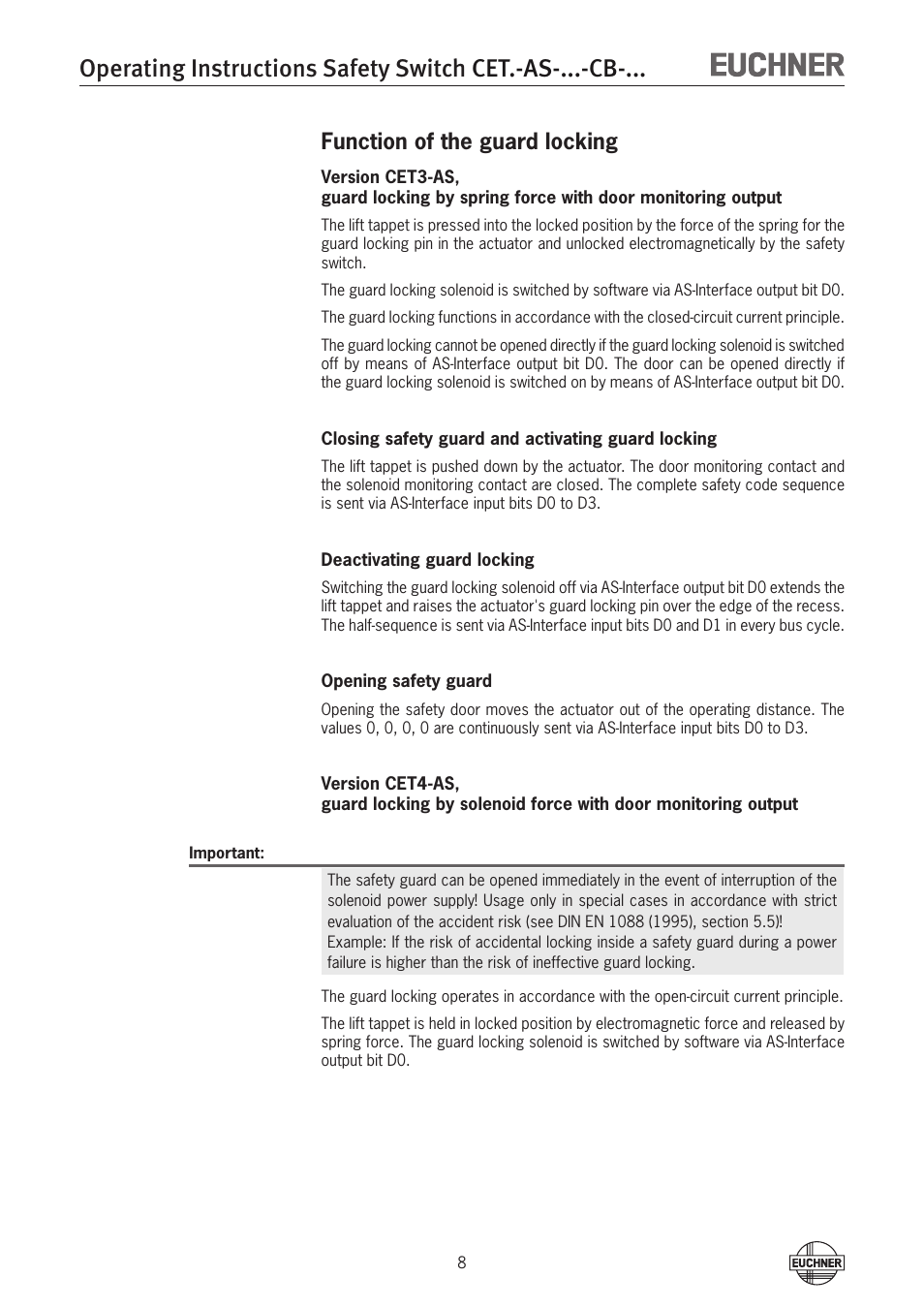 Function of the guard locking | EUCHNER CETx-AS-xxx-CB-xxx (Multicode) User Manual | Page 8 / 30