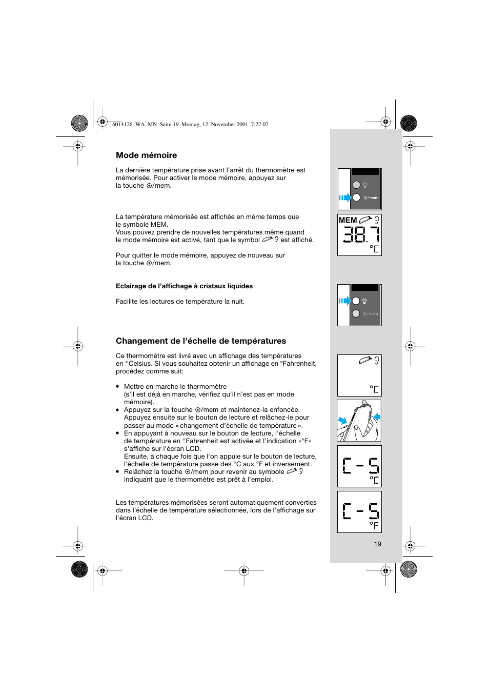 Mode mémoire, Changement de l'échelle de températures | Braun ThermoScan Pro3000 User Manual | Page 19 / 63