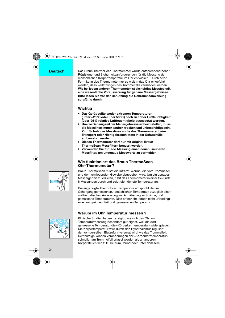 Wichtig, Warum im ohr temperatur messen, Deutsch | Braun ThermoScan Pro3000 User Manual | Page 24 / 63