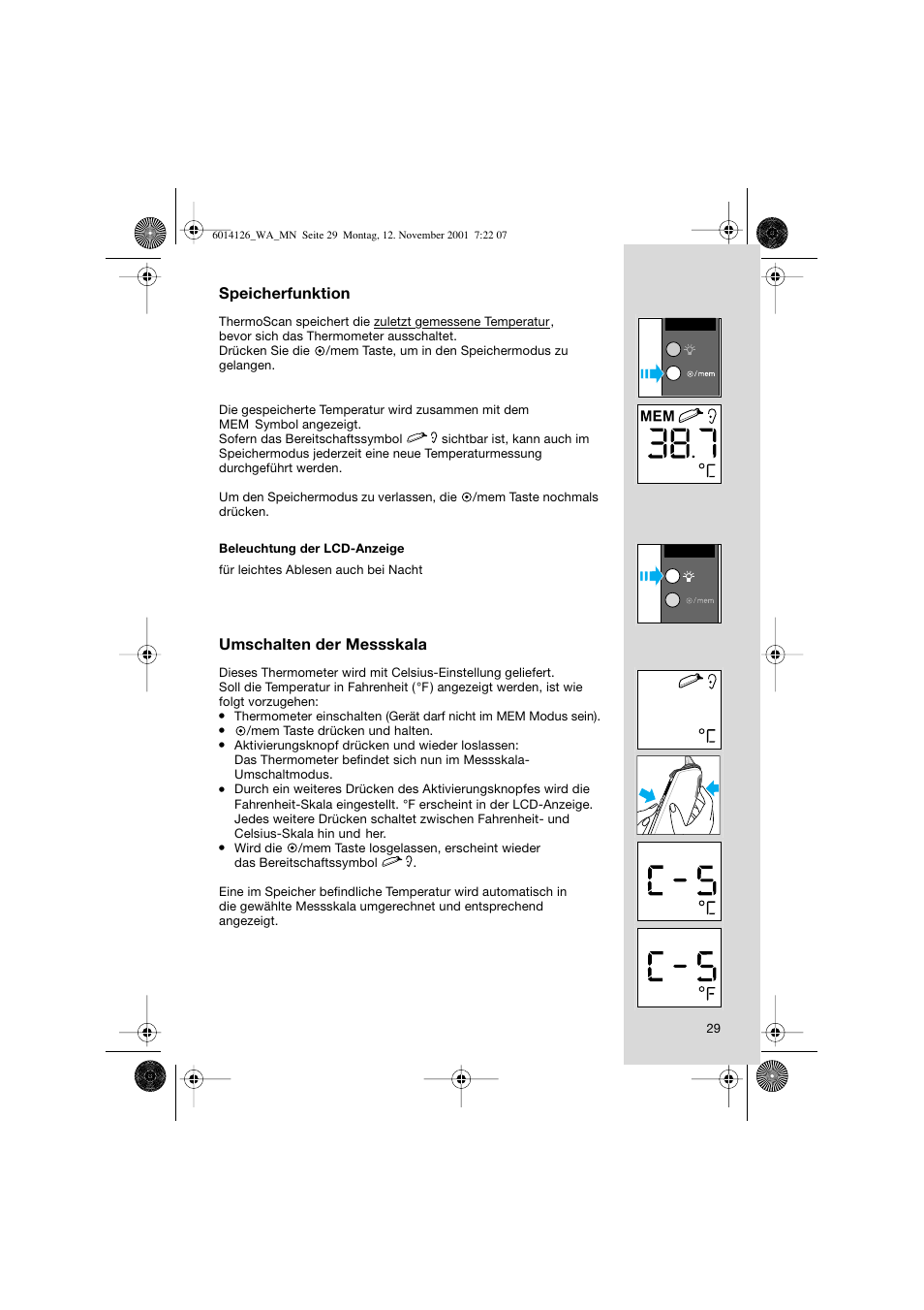 Speicherfunktion, Umschalten der messskala | Braun ThermoScan Pro3000 User Manual | Page 29 / 63