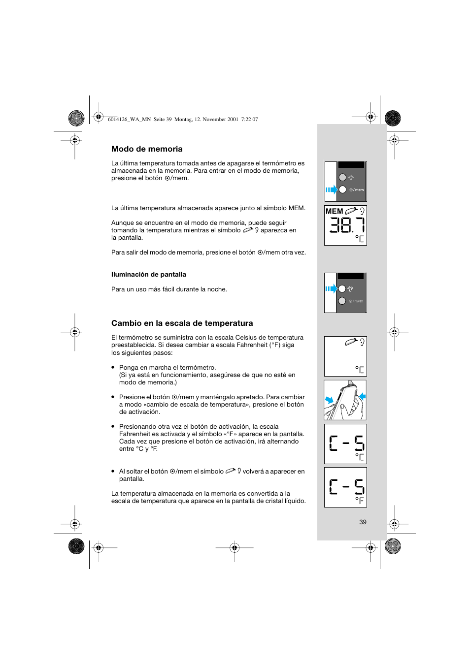 Cambio en la escala de temperatura | Braun ThermoScan Pro3000 User Manual | Page 39 / 63