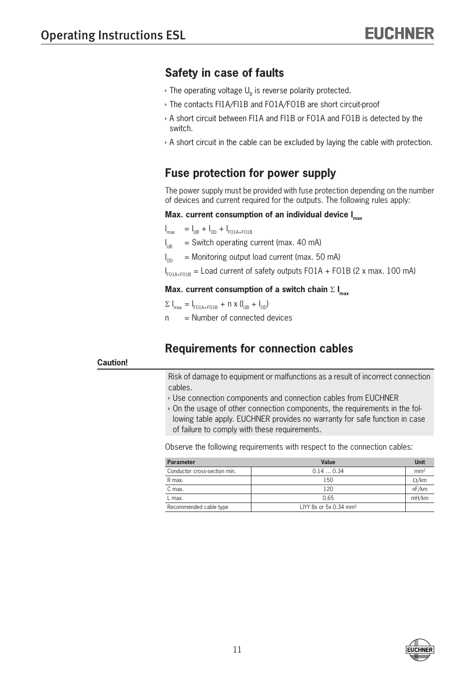 Safety in case of faults, Fuse protection for power supply, Requirements for connection cables | Operating instructions esl | EUCHNER ESL-IH-AR User Manual | Page 11 / 24