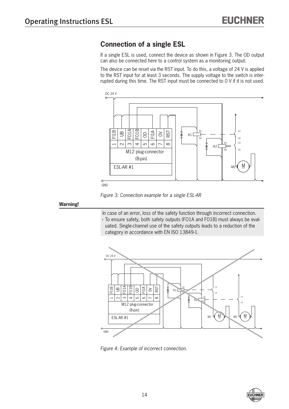 Connection of a single esl, Operating instructions esl, Figure 4: example of incorrect connection | EUCHNER ESL-IH-AR User Manual | Page 14 / 24