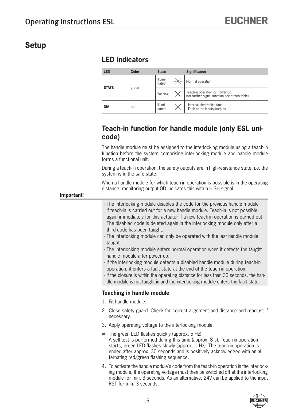 Setup, Led indicators, Setup 16 led indicators | Operating instructions esl | EUCHNER ESL-IH-AR User Manual | Page 16 / 24