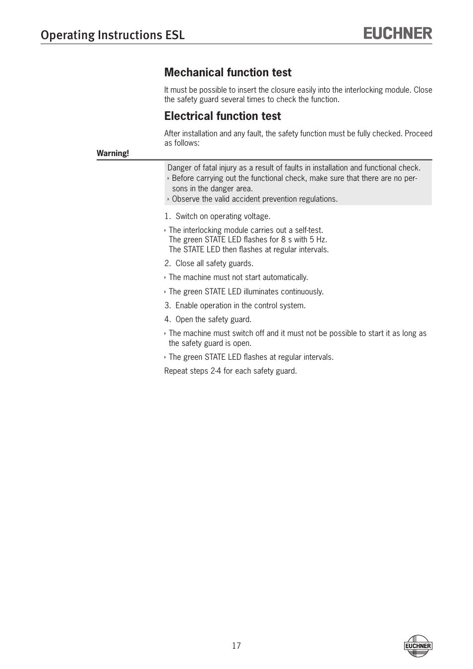 Mechanical function test, Electrical function test, Operating instructions esl | EUCHNER ESL-IH-AR User Manual | Page 17 / 24