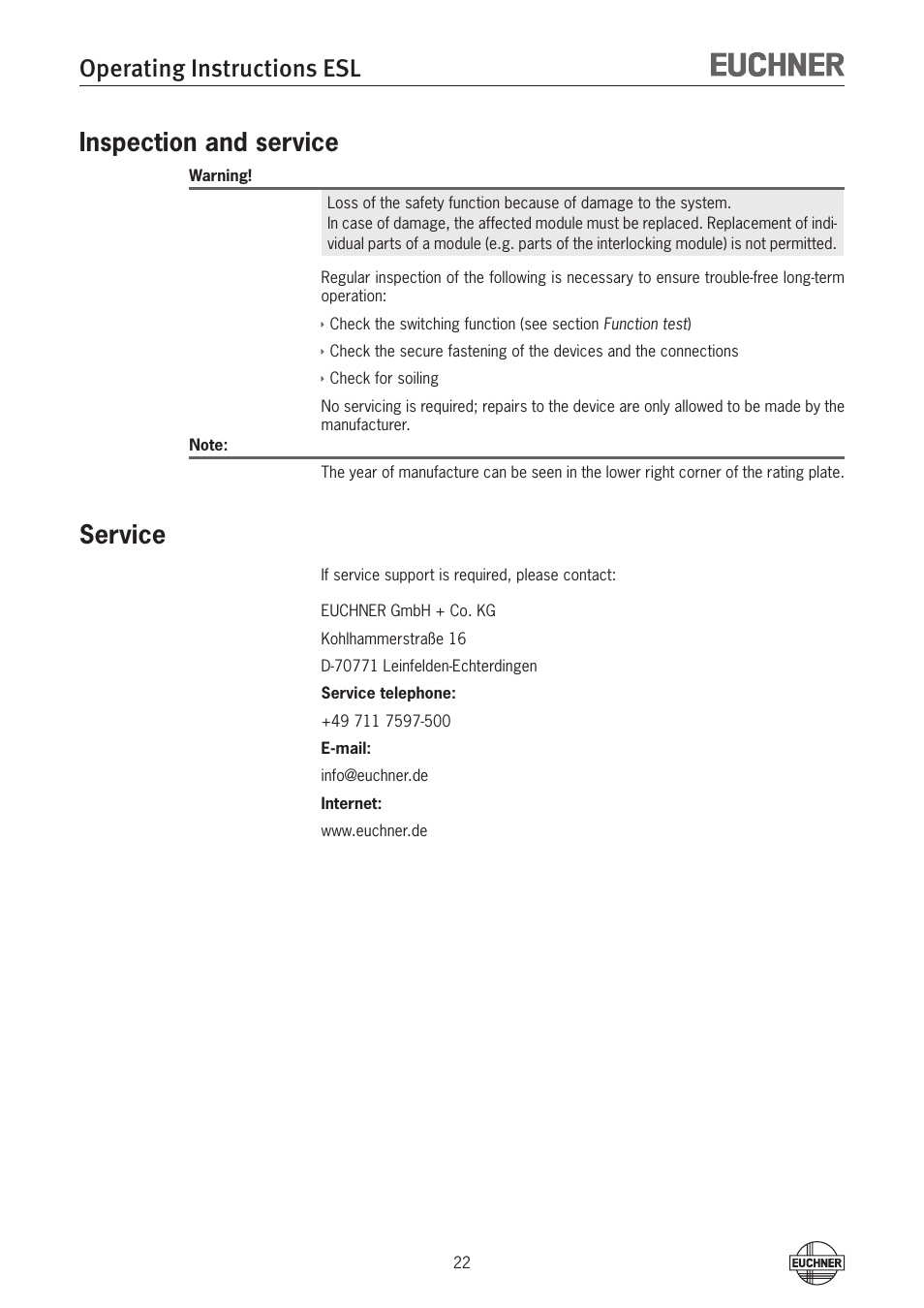 Inspection and service, Service, Service 22 | Operating instructions esl | EUCHNER ESL-IH-AR User Manual | Page 22 / 24