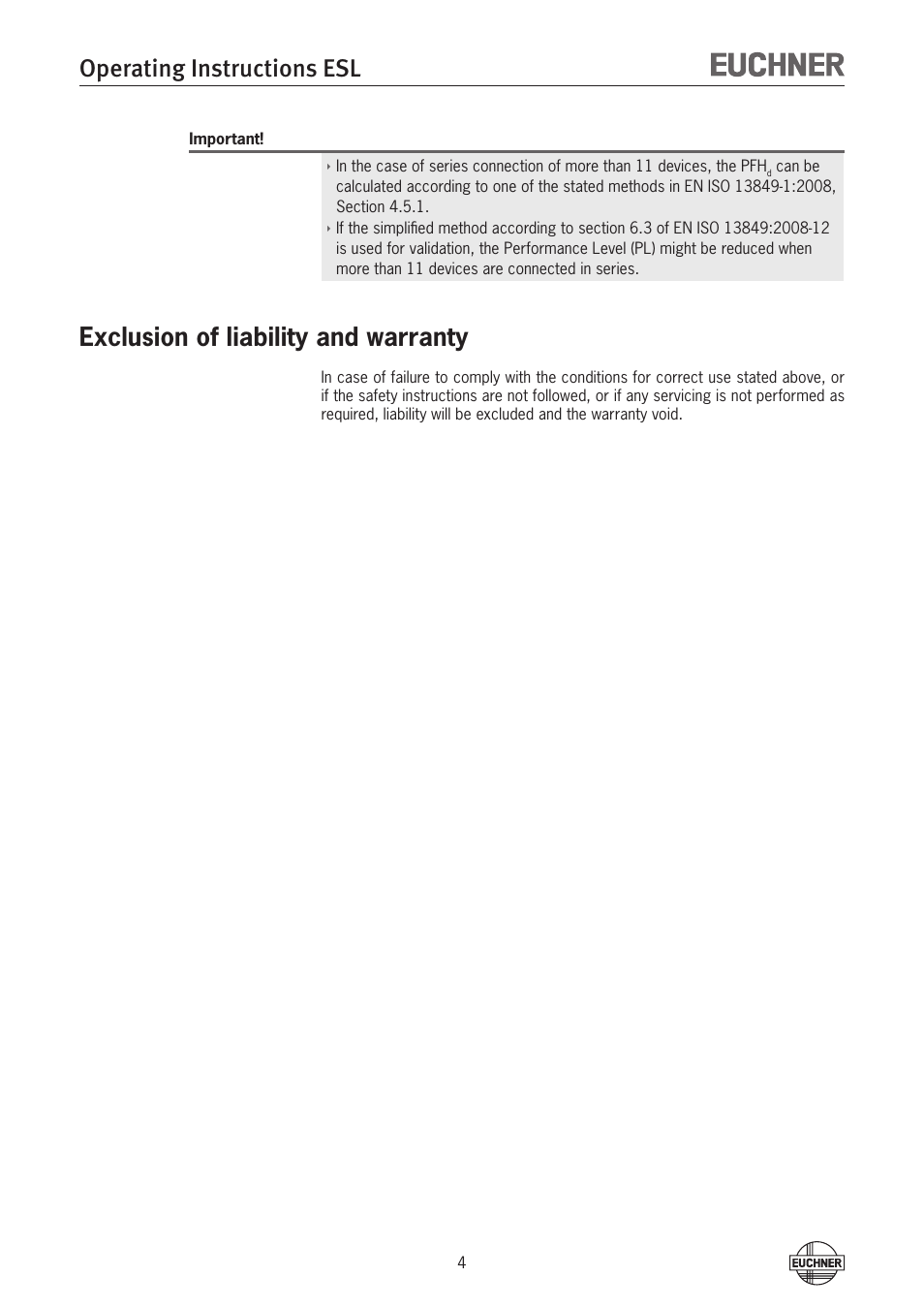 Exclusion of liability and warranty, Operating instructions esl | EUCHNER ESL-IH-AR User Manual | Page 4 / 24
