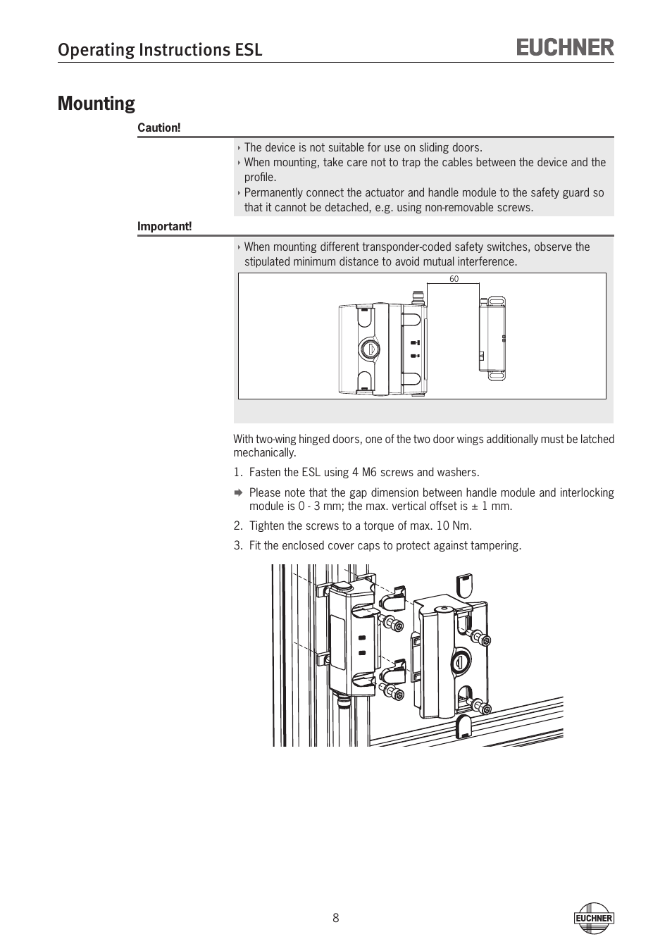 Mounting, Mounting 8, Operating instructions esl | EUCHNER ESL-IH-AR User Manual | Page 8 / 24