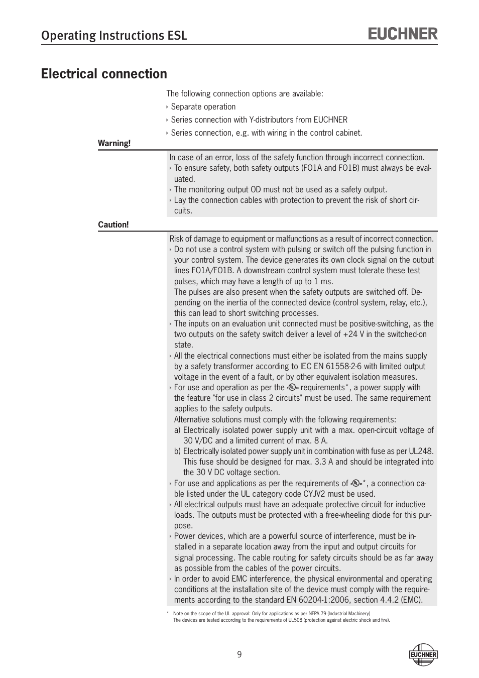 Electrical connection, Operating instructions esl | EUCHNER ESL-IH-AR User Manual | Page 9 / 24