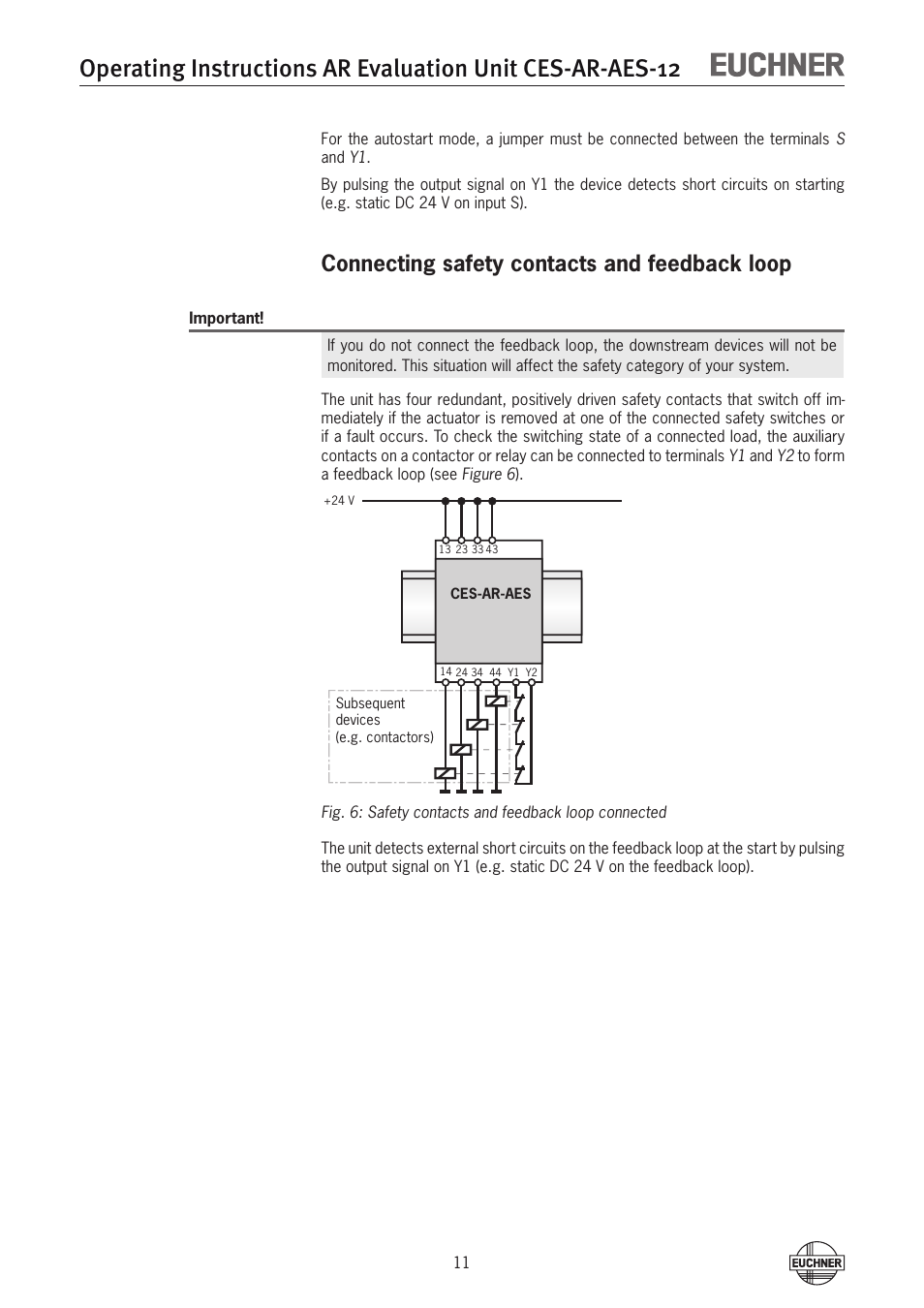 Connecting safety contacts and feedback loop | EUCHNER CES-AR-AES-12 User Manual | Page 11 / 24