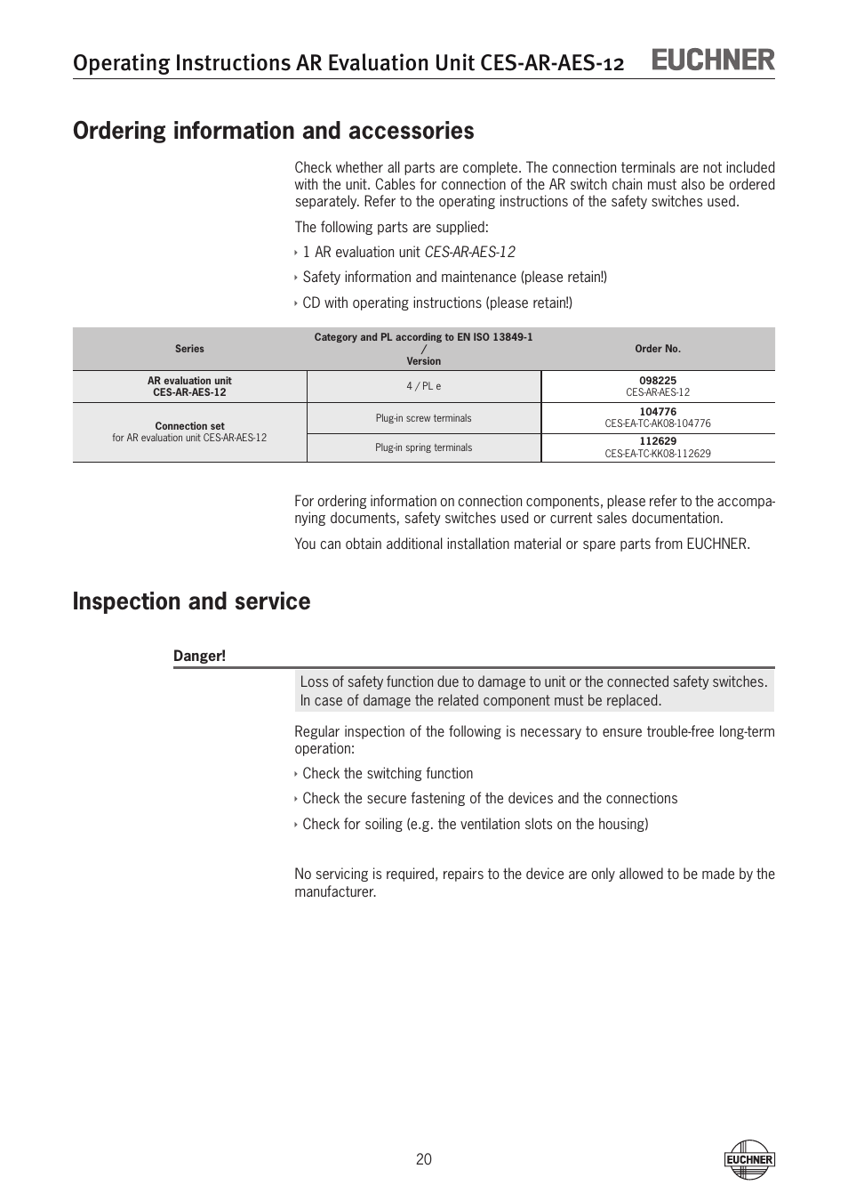 Ordering information and accessories, Inspection and service | EUCHNER CES-AR-AES-12 User Manual | Page 20 / 24