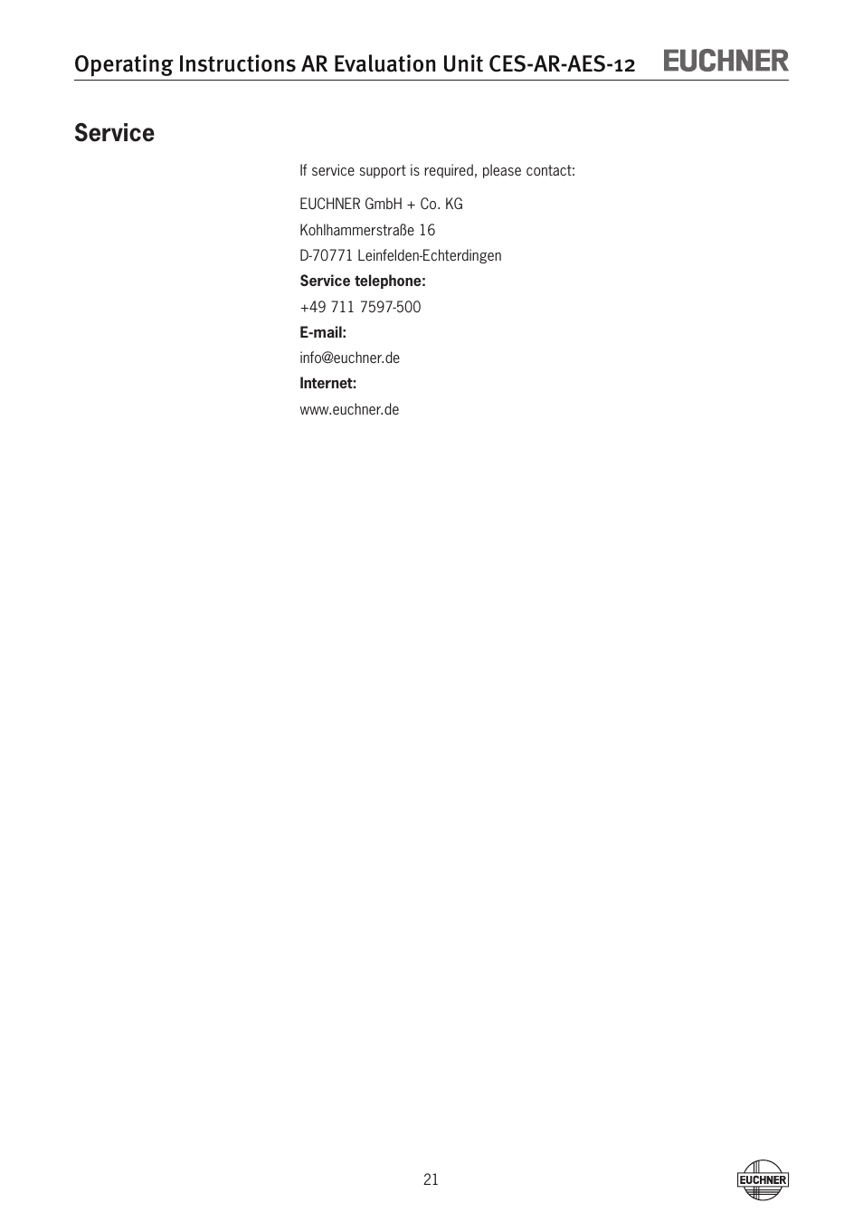 Service | EUCHNER CES-AR-AES-12 User Manual | Page 21 / 24