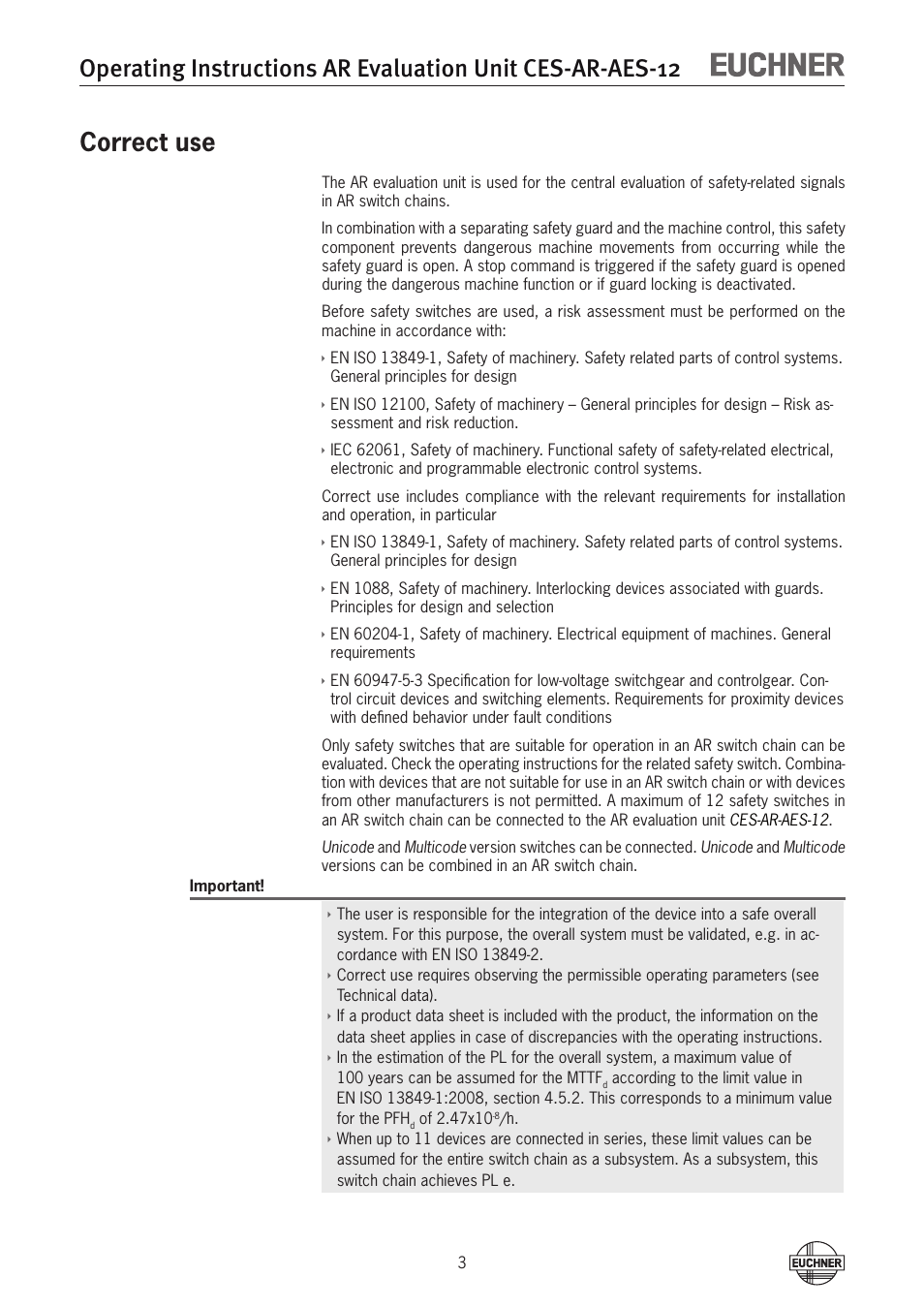 Correct use | EUCHNER CES-AR-AES-12 User Manual | Page 3 / 24