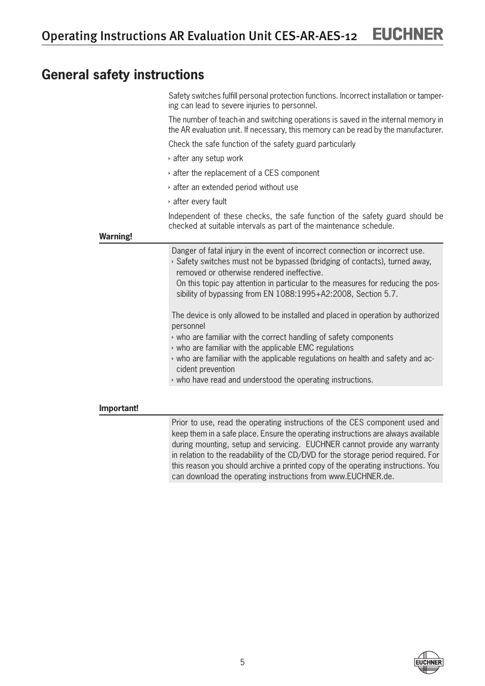 General safety instructions | EUCHNER CES-AR-AES-12 User Manual | Page 5 / 24