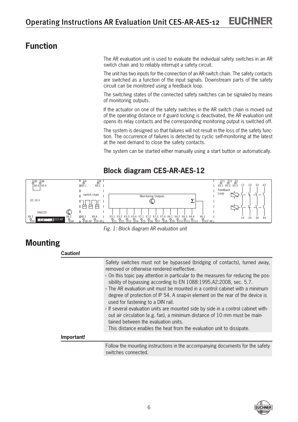 Function, Mounting, Block diagram ces-ar-aes-12 | Fig. 1: block diagram ar evaluation unit | EUCHNER CES-AR-AES-12 User Manual | Page 6 / 24