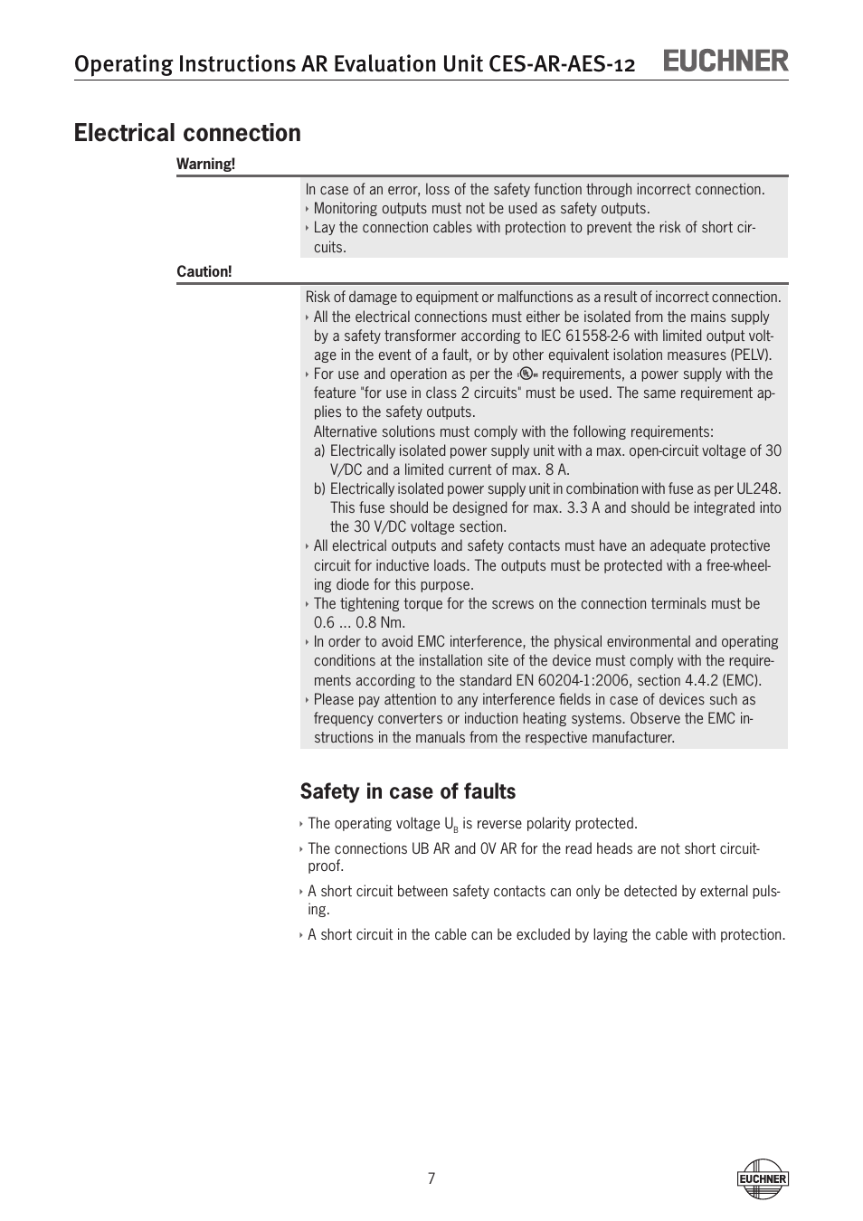 Electrical connection, Safety in case of faults | EUCHNER CES-AR-AES-12 User Manual | Page 7 / 24