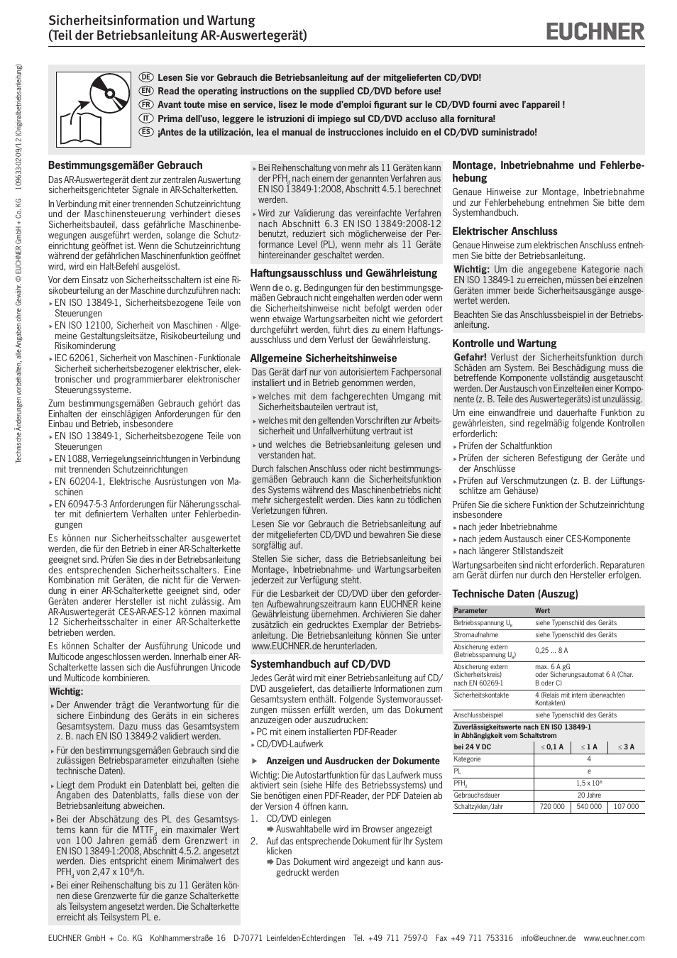 EUCHNER AR Evaluation Unit User Manual | 5 pages