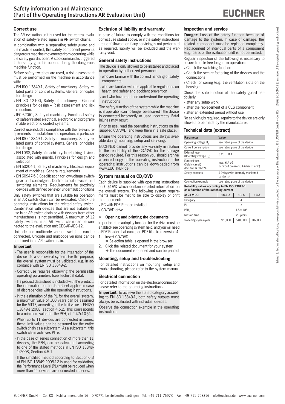 Inspection and service, Technical data (extract), Correct use | Exclusion of liability and warranty, General safety instructions, System manual on cd/dvd, Mounting, setup and troubleshooting, Electrical connection | EUCHNER AR Evaluation Unit User Manual | Page 2 / 5