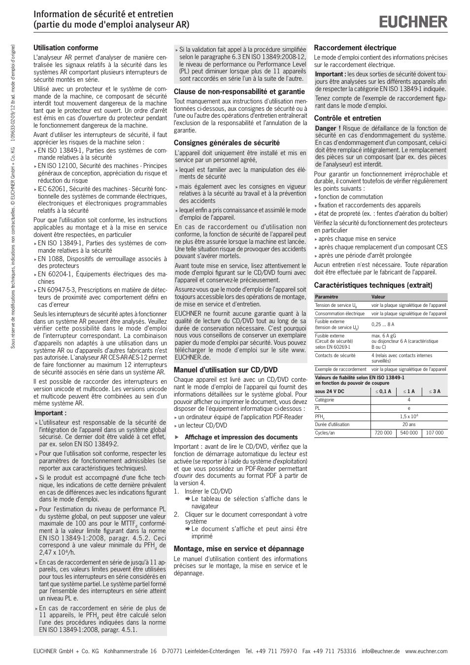 Raccordement électrique, Contrôle et entretien, Caractéristiques techniques (extrait) | Utilisation conforme, Clause de non-responsabilité et garantie, Consignes générales de sécurité, Manuel d'utilisation sur cd/dvd, Montage, mise en service et dépannage | EUCHNER AR Evaluation Unit User Manual | Page 3 / 5