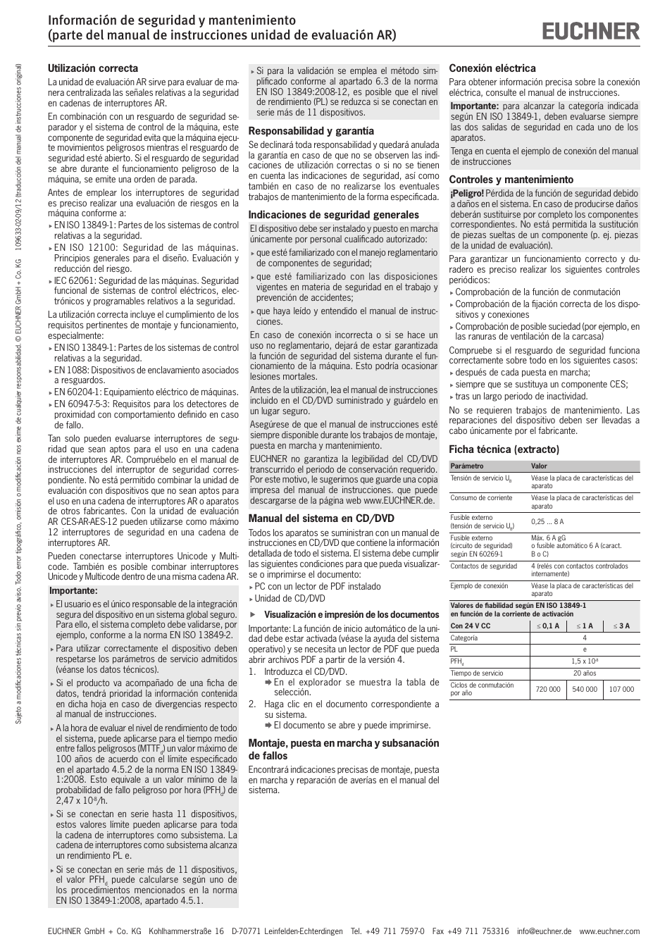 Conexión eléctrica, Controles y mantenimiento, Ficha técnica (extracto) | Utilización correcta, Responsabilidad y garantía, Indicaciones de seguridad generales, Manual del sistema en cd/dvd, Montaje, puesta en marcha y subsanación de fallos | EUCHNER AR Evaluation Unit User Manual | Page 5 / 5