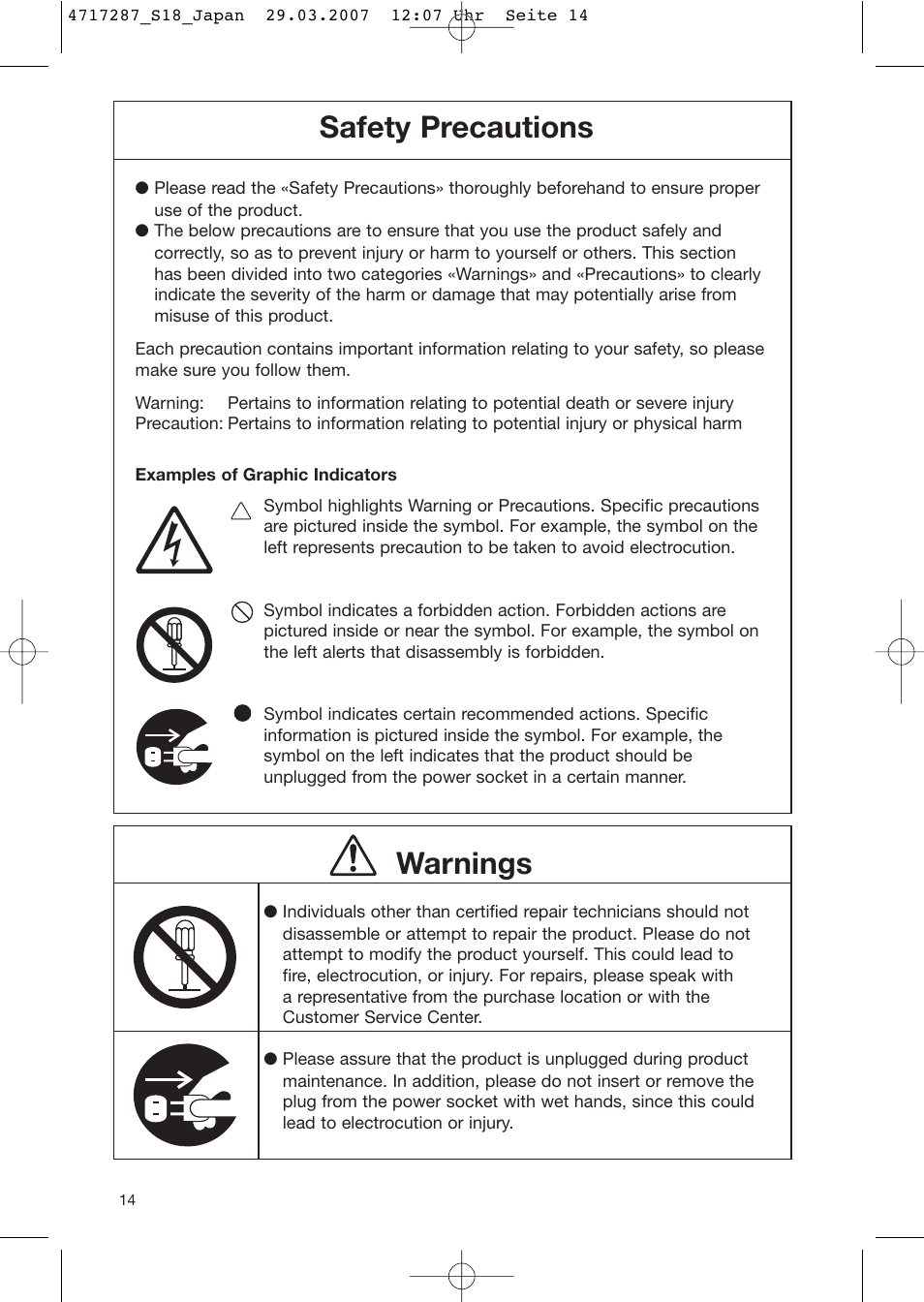 Safety precautions, Warnings | Braun S18 525 2 User Manual | Page 14 / 40