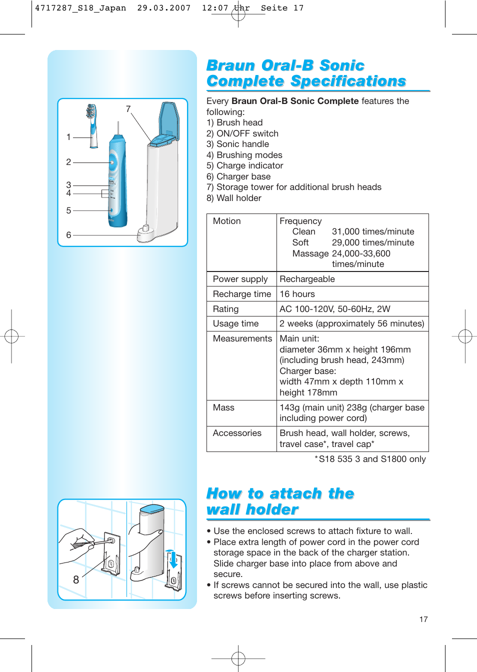 Braun oral-b sonic, How to attach the, How to attach the wall holder wall holder | Braun S18 525 2 User Manual | Page 17 / 40