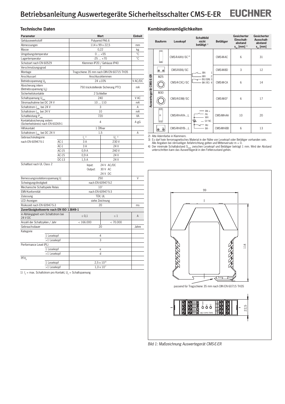 Technische daten, Kombinationsmöglichkeiten, Bild 1: maßzeichnung auswertegerät cms-e-er | EUCHNER CMS-E-ER User Manual | Page 3 / 16