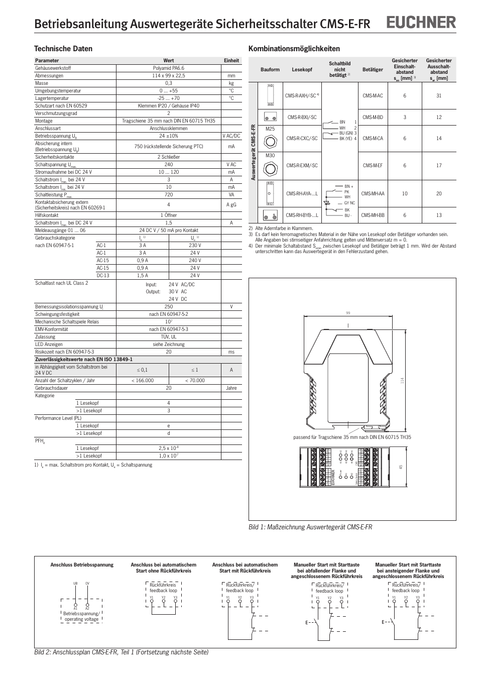 Technische daten, Kombinationsmöglichkeiten, Bild 1: maßzeichnung auswertegerät cms-e-fr | EUCHNER CMS-E-FR User Manual | Page 3 / 16