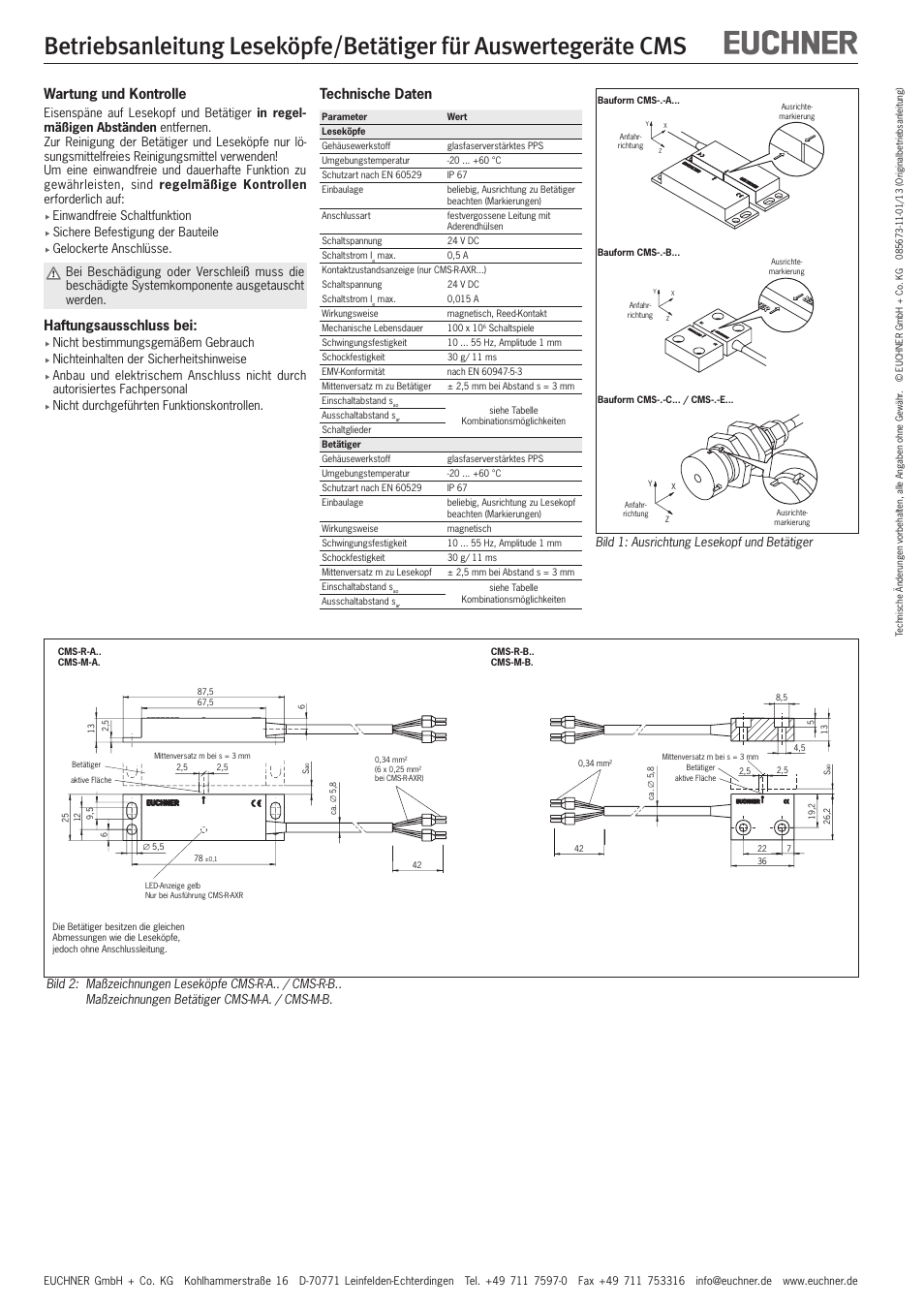 Technische daten, Wartung und kontrolle, Haftungsausschluss bei | EUCHNER CMS(01/13) User Manual | Page 2 / 12